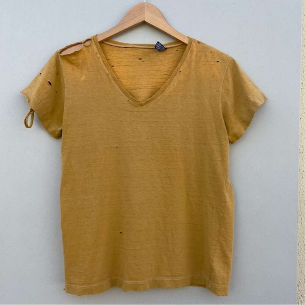 Vintage 90s Gap Distressed Thrashed V-Neck Cotton Tee - Mustard Yellow Sz Med